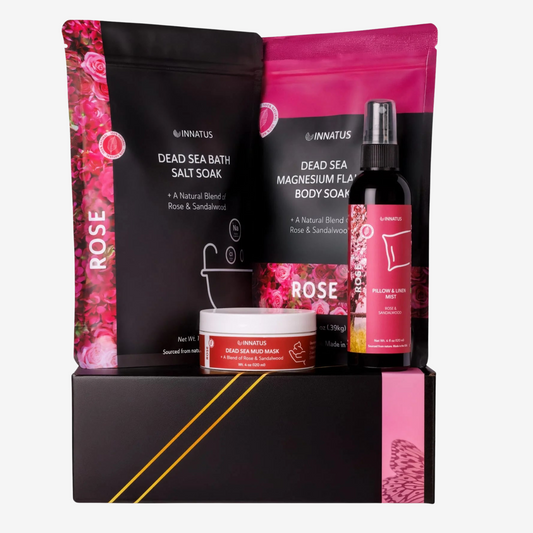 Luxury Dead Sea Spa Gift Set – Bath Salt, Magnesium Flakes, Pillow & Linen Spray, and Mud Mask – Rose & Sandalwood Aromatherapy Kit for Relaxation, Hydration & Skincare – Perfect Self-Care Gift